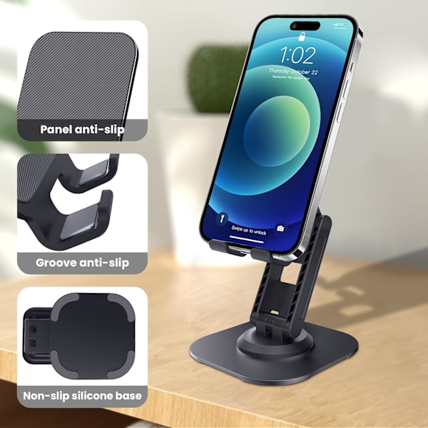 2-pack mobiltelefonhållare, justerbar [360° rotation] halkfri metallbas, hopfällbar och bärbar telefonhållare (svart-vit)