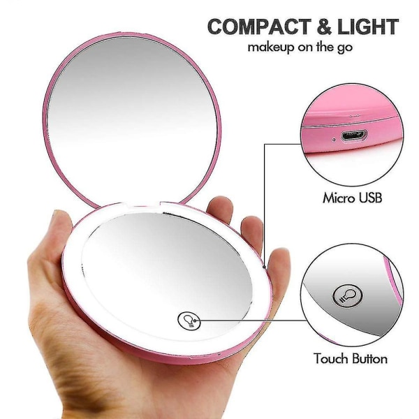 Kompakt genopladeligt belyst makeup-spejl, 1x og 10x, 12 LED-lys Pink