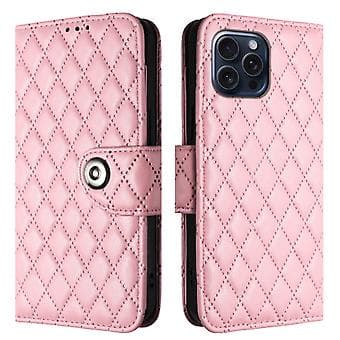 For iPhone 13 Pro Rhombus Pattern Flip Leather Phone Case with Lanyard Pink