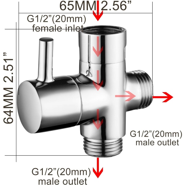 Massiv messing 3-vejs ventil G1/2" håndbruser bruser komponenter Universal fitting, krom DSF007