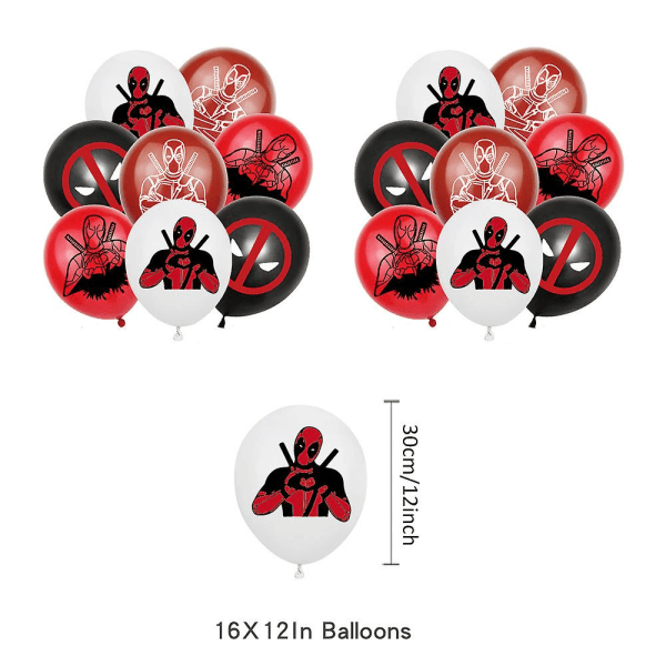 Deadpool-aiheinen juhlatarvikesarja, koristebanneri, ilmapallot, kakkukoristeet, cupcake-koristeet, rekvisiitta, lahjat