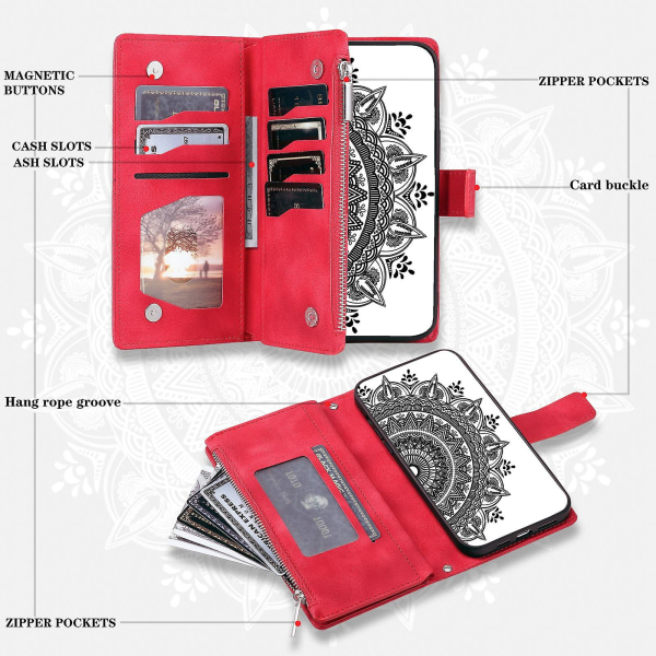 For Nokia X30 5g Mandala Flower Preget Pu Leather Case Magnetisk lås Multi Card Slot Beskyttende deksel med glidelås lommebok og håndleddsstropp Red