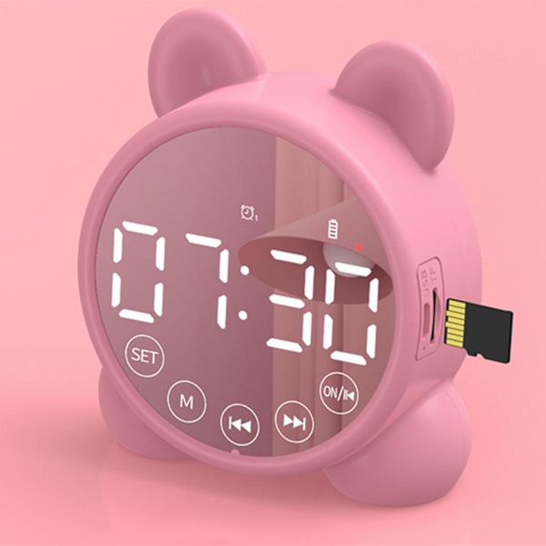 Barnväckarklocka Bluetooth högtalare Sängväckarklocka, spegel digital timer,sömntränare för barn Rosa Pink