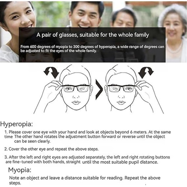 Briller med justerbar skive, klarsyn -6d til +3d Lesebriller med justerbar fokus Briller med variabel fokus for eldre