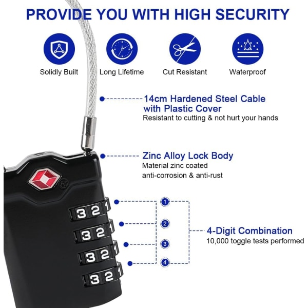 4-cifret kombinationssikkerhedslås rejselås, lås kuffert med åbningsalarmanvisning, kodelås til bagagekuffert taske spin bagagepose