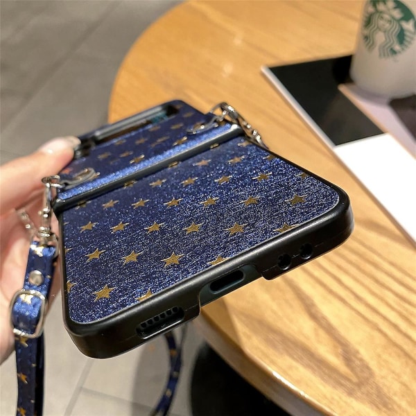 Samsung Galaxy Z Flip 4 Case för kvinnor med rem Glitter Stars Crossbody anti-scratch Cover Blå Blue