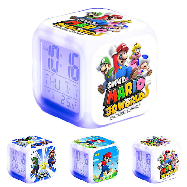 Super Mario Bros tema 7 färgskiftande digital termometer väckarklocka med LED-display kub nattlampa sängbord heminredning leksak presenter till barn C