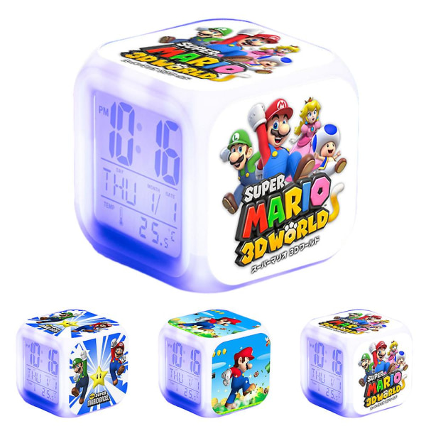 Super Mario Bros Theme 7 Farveskiftende Digitalt Termometer Vækkeur Med Led Display Kube Natlampe Sengeside Indretning Legetøj Gaver Til Børn C