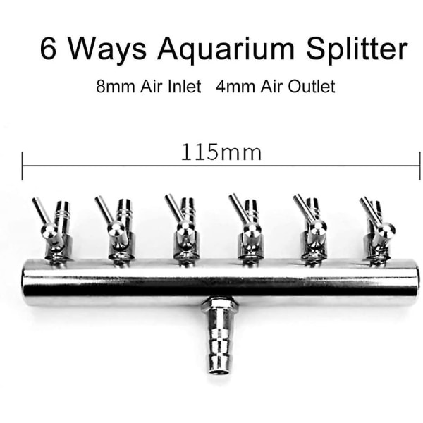 Aquarium Air Flow Splitter Fish Tank Rustfrit stål Luftpumpetilbehør (6-vejs)