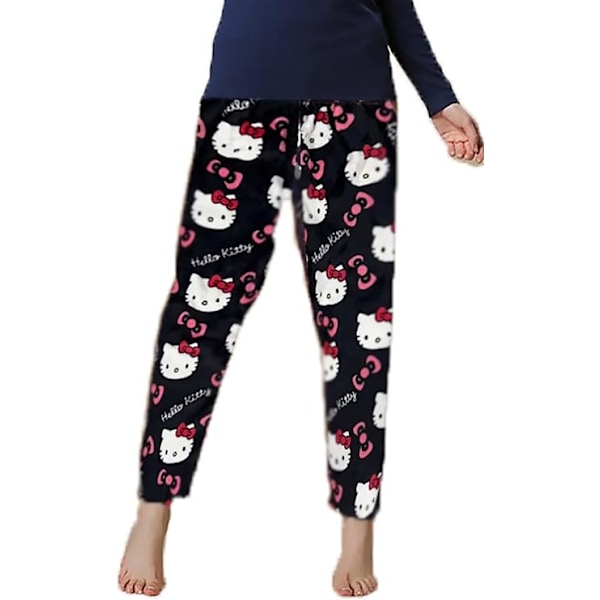 Hello Kitty Flannels Pyjamas Bløde Kawaii Pyjamas Hjemmebukser Tegneserie Casual Anime Behagelige Efterår og Vinter Varme Pyjamas Casual Bukser black L