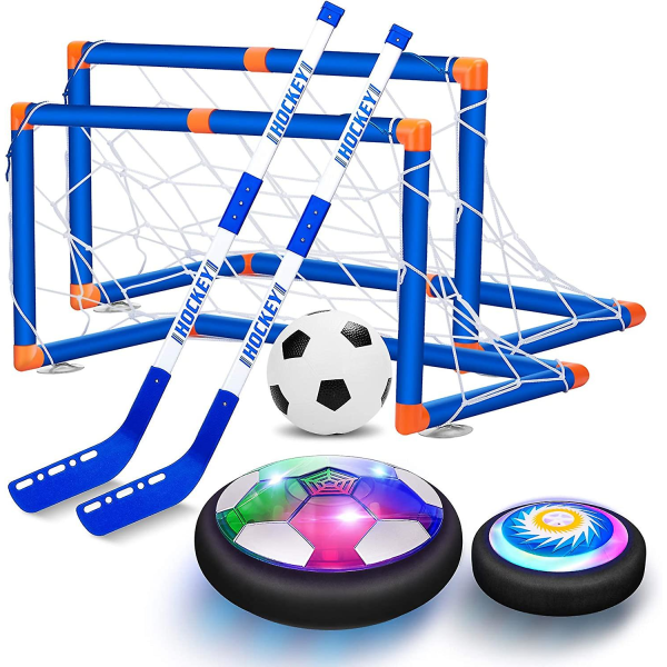 Hover Hockey Soccer 2 i 1 set pojkleksaker, uppladdningsbara inomhus och utomhus svävande fotbollsmatch med 3 mål och led, power och fotbollssport