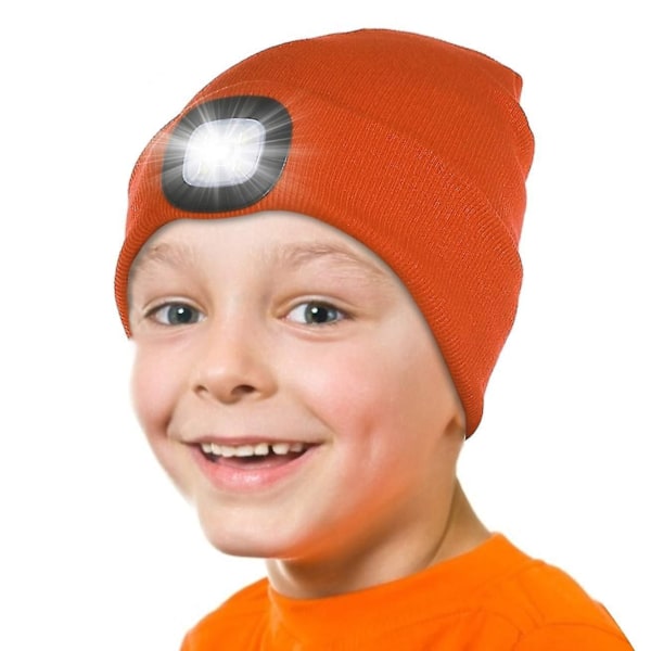 Lasten Led-valolla varustettu pipo, Ladattava 4 Led-otsalampun pipo, Neulotu pipo taskulampulla pyöräilyyn ja juoksuun Orange