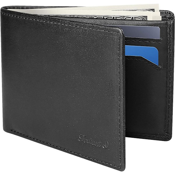 Smal plånbok för män - tunn Bifold äkta läder Rfid-blockerande minimalistisk snygg framsida ficka herrplånböcker (a. Charcoal Black-id)