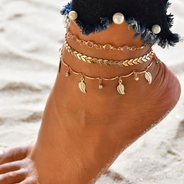 Tofs Crystal Leaf Anklets Gold Arrow Strass Ankles Multilayer Summer Beach Accessoarer Fotsmycken Justerbara för kvinnor Flickor