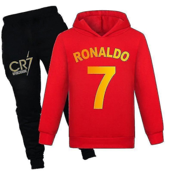 Barn Gutter Ronaldo 7 Print Uformell Hettegenser Joggedress Set Hoody Toppbuksedrakt Red 160CM 13-14Y