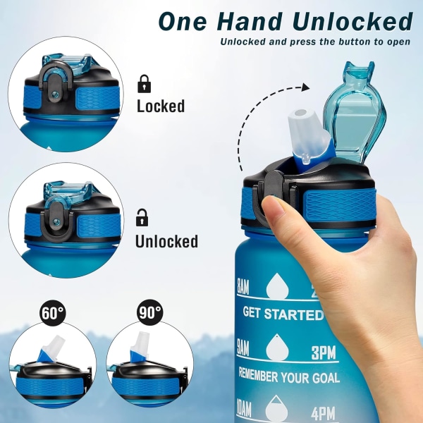 1 liters motiverende vandflaske med tidsmarkør, 1L lækagesikker BPA-fri sportsvandflaske med sugerør og bærestrop