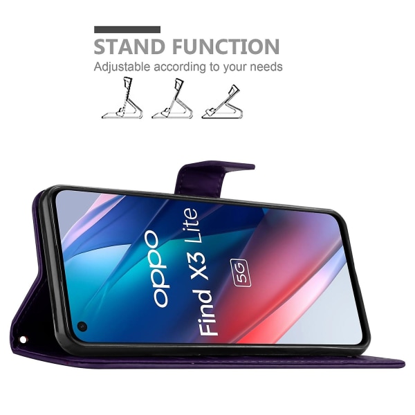 Oppo FIND X3 LITE -kännykän kotelo, jossa kukkakuvio, jalusta ja korttipaikat FLORAL DARK LILA FIND X3 LITE