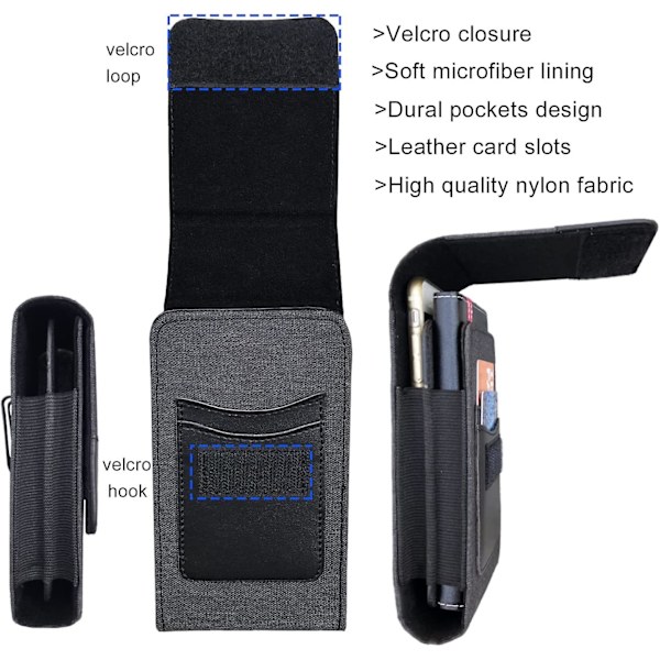 Dobbel nylon telefonhylster med belteklips, midjeveske for mobiltelefoner under 7,5 tommer Black