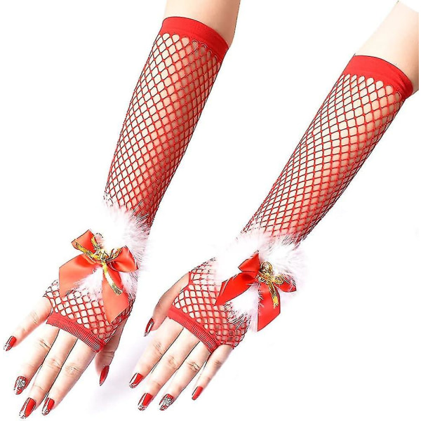 Julfingerlösa handskar Röda fisknät Långa handskar Julkostymhandskar Fest Cosplay Handske Jultillbehör för kvinnor och flickor