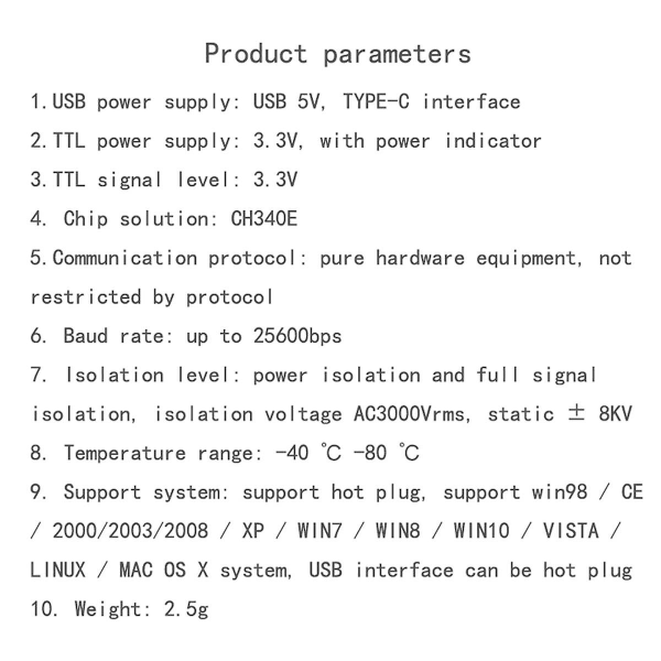 USB-C til seriell port UART-kortmodul isolert USB til TTL-modul 3.3V TYPE-C Last ned kabeloppgraderingsbørste Industriell Black