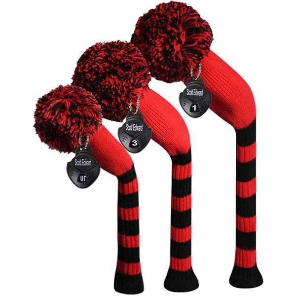 Golf Headcovers For Woods Set med 3 Passar bra Driver(460cc) Fairway Wood And Hybrid(ut) Den perfekta förändringen för Golfbag Black Red Big Stripes