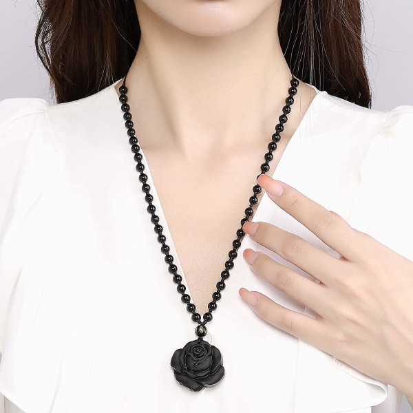 Obsidian Crystal snidade Rose hänge halsband botar Ganoderma Lucidum Natural