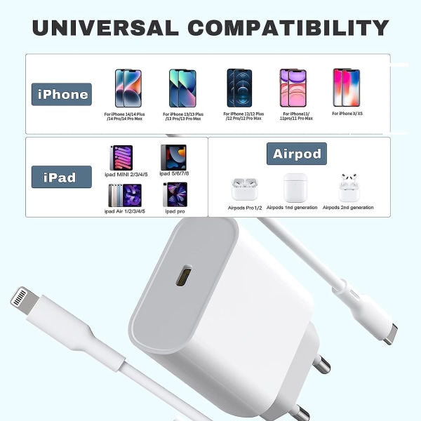 Iphone 14 13 12 11 Laddningskabel Och Snabbladdare 20w Usb C Adapter Strömförsörjning Kontaktkabel 6.56ft