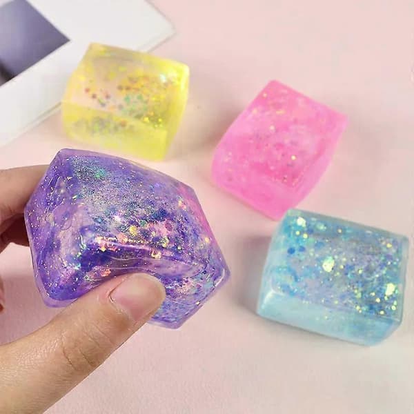 Glitter Ice Cube Squishy Toy, Aurora Borealis Squeeze Stress Relief Fidget, 4 st