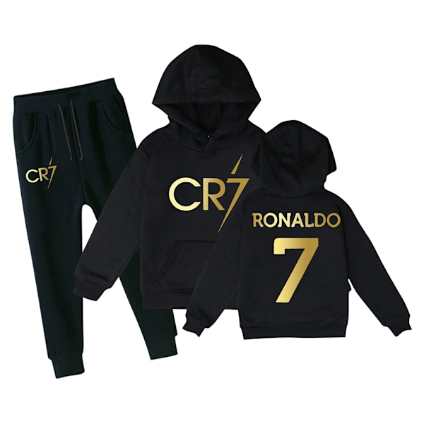 Drengenes CR7 Ronaldo Tracksuit Hoodie Sweatpants Sæt 2 Dele Sweatsuit Sort, 8-12 År 130cm