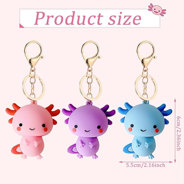 3 stk Axolotl Nøglering, Tegneserie Nøglering, Axolotl Nøglering, Axolotl Gave til Piger, Rygsæk Taske Dekoration, til Piger Drenge Kvinder Børn Gave