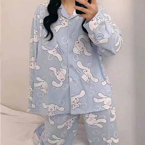 Kawaii Tegneserie Pyjamas til Kvinder Piger Langærmet Skjorte med Pj Bukser Nattøj Hjemmetøj 2 Dele Pyjamas Sæt Cinnamoroll XXL