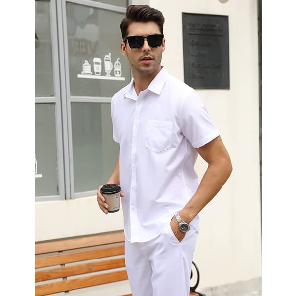Kjoleskjorter for menn med kortermet slim passform, ikke-jernfri Business Casual skjorte, Hvit, størrelse M