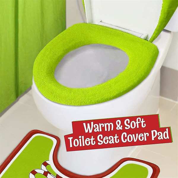 4 stk. Jule Grinch Tank Cover + Bademåtte + Toiletlåg Cover + Toiletsæde Pad Sæt