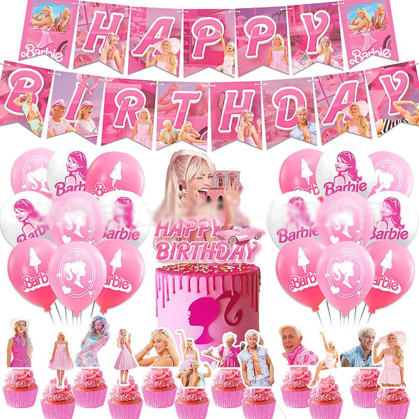 Barbie filmtema Bursdagsfest Rosa dekorasjonsutstyr inkludert Bannerballongsett Cake Topper Cupcake Toppers Dekorsett