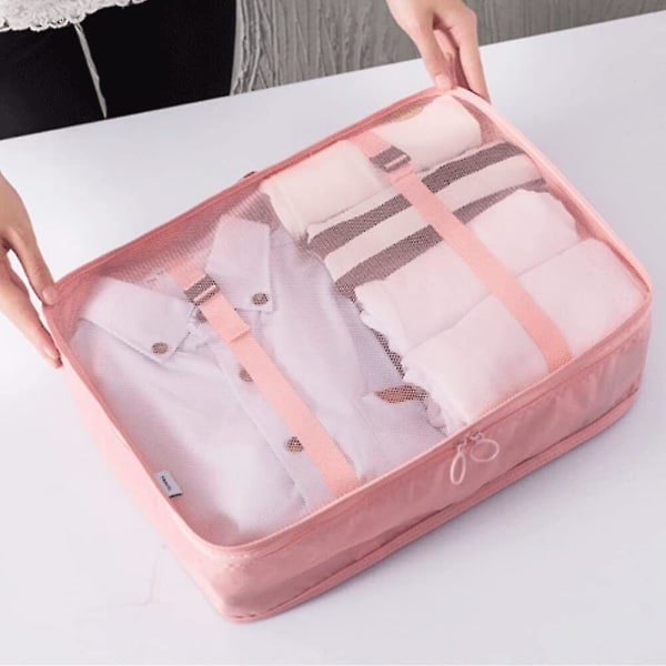 8 stk Organiseringssett Bagasje Koffert Oppbevaringsposer Pakking Reisekuber Gaver Pink