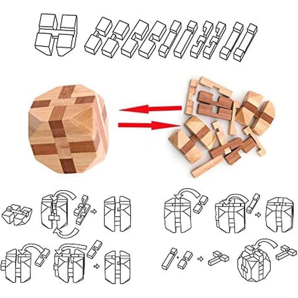 9-pack 3D-pussel i trä, IQ-utmaning, lås, logik, intellektuellt leksak, pedagogiskt spel, pusselspel, demontering, montering, kubpussel, presentask