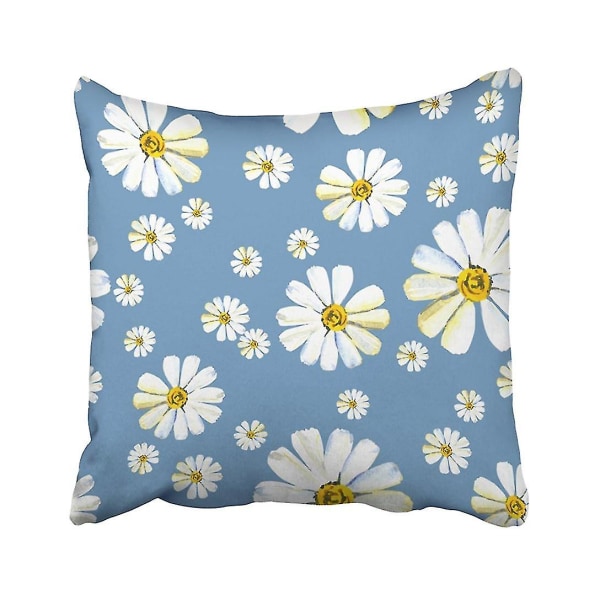 Valkoinen kukka isolla ja pienellä kamomillalla sinisellä keltaisella päivänkakkaralla akvarelli Bloom Blossom Bud Tyynynpäällinen cover 45x45 cm