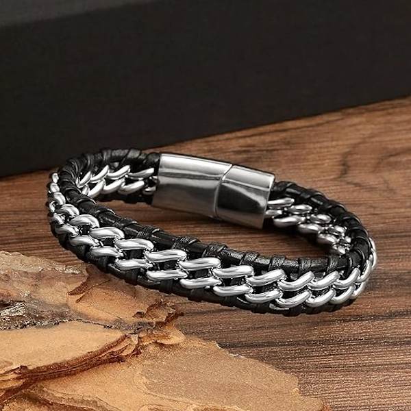 Läderarmband för män svart, klassiskt handgjort flätat svart manschettarmband, svart manschettarmband med rostfritt stålspänne