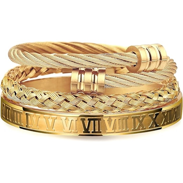 3PCS Rustfrit Stål Armbånd til Mænd Guld Romertal Armring Armbånd Twisted Kabel Armbånd Justerbar Manchet Armbånd Mænds Luksus Smykker