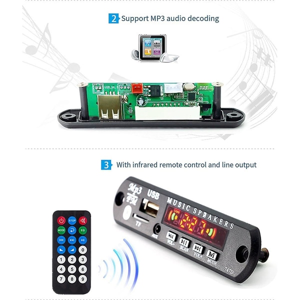 Bluetooth 5.3 MP3-dekoderkortforsterker bilsett med tidsvisning, FM-radio, TF USB AUX, 12V strøm As Shown