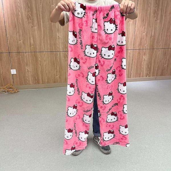 Hello Kitty Flanell Pyjamas Mjuka Kawaii Pyjamas Hembyxor Cartoon Casual Anime Bekväma Höst- och Vintervarma Pyjamas Casual Byxor Rose red L