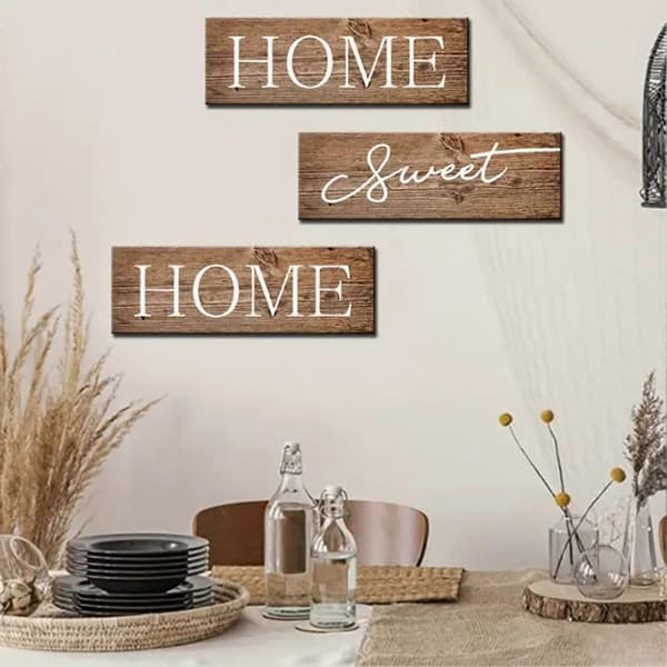 Träskylt \"Home Sweet Home\" – 3 delar rustik – för vardagsrum, sovrum, kök, ytterdörr A