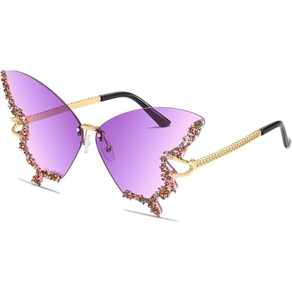 Dame Rimless Solbriller Sommerfugl Vintage-Retro Funky Farvede Diamant Rhinestone Briller Festival Rave 70'er Fest Solbriller UV Beskyttelse