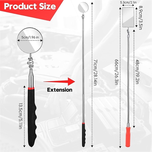 Teleskooppinen, mekaaninen peilityökalu pitkällä kahvalla, mekaanikoille ja urakoitsijoille tarkastusta ja tarkkailua varten As Shown