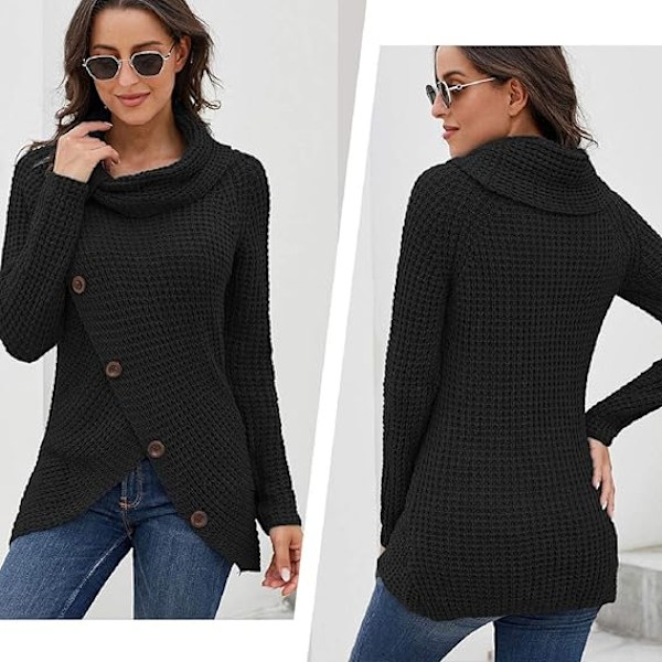 Strikkede pullover til kvinder med turtleneck, lange ærmer, løs strik, uregelmæssig sweater, pullover med stabelkrave, toppe til afslappet sweatshirt, plus size løs sweater black L