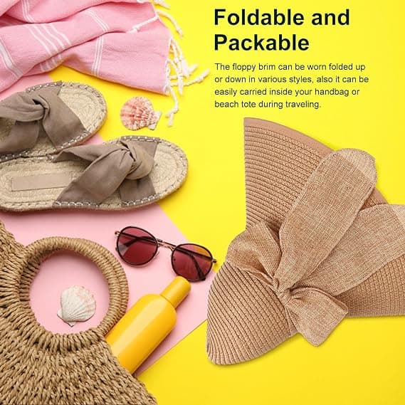 Dame Stor Sløjfe Halm Hat Floppy Foldbar Rulle op Strand Cap Sol Hat UPF 50+