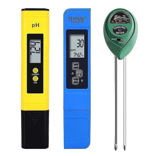 Ph-meter, Tds-ppm-meter og 3-i-1 jord-ph-tester ph/digitalt sæt, have, græsplæne, landbrug Yellowbluegreen