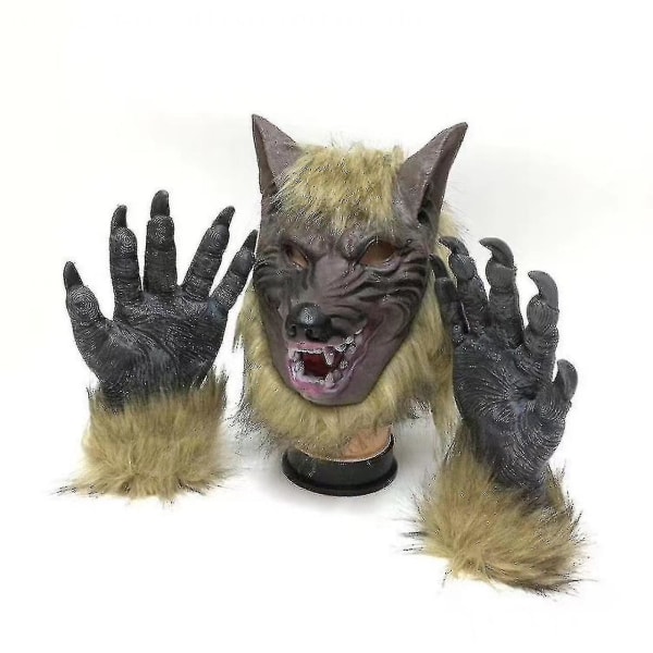 Halloween Skräck Savage Wolf Head Mask Maskerad Fluffig huvudbonad dekoration med handskar
