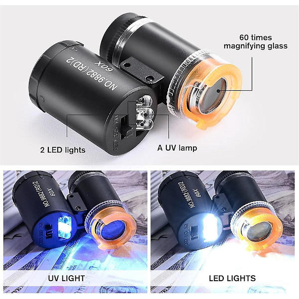 60X Mini fickmikroskop Juvelerare Ögonlupp med LED UV-ljus Bärbar Förstoringsglas för Smycken Diamant Gem-C Silver Gray