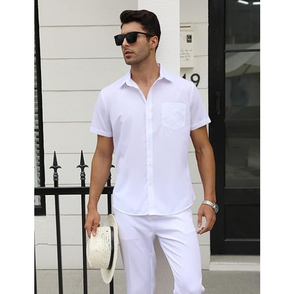 Skjorter med korte ærmer til mænd, Slim Fit, ikke-jern, business casual skjorte, hvid, str. M